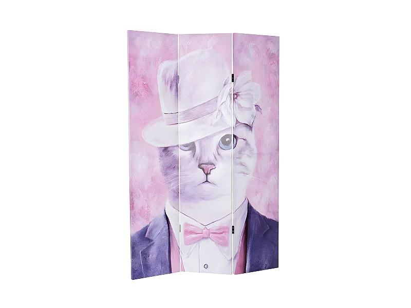 Paravent 2 faces de 3 pans en pin et toile coloris rose motif chat - Longueur 120 x Hauteur 180 x Profondeur 2 cm