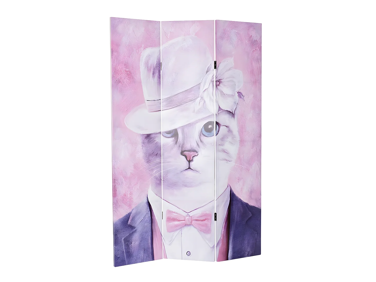 Paravent 2 faces de 3 pans en pin et toile coloris rose motif chat - Longueur 120 x Hauteur 180 x Profondeur 2 cm