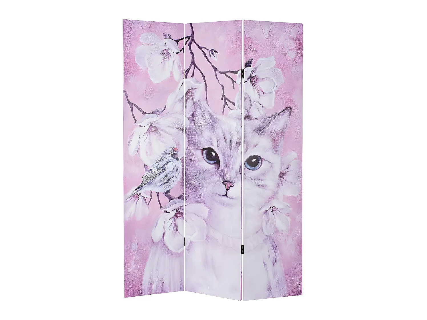 Paravent 2 faces de 3 pans en pin et toile coloris rose motif chat - Longueur 120 x Hauteur 180 x Profondeur 2 cm