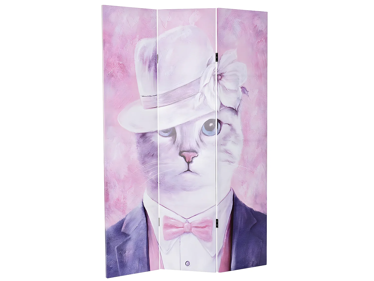 Paravent 2 faces de 3 pans en pin et toile coloris rose motif chat - Longueur 120 x Hauteur 180 x Profondeur 2 cm