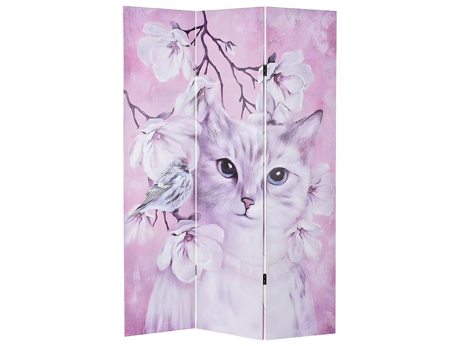 Paravent 2 faces de 3 pans en pin et toile coloris rose motif chat - Longueur 120 x Hauteur 180 x Profondeur 2 cm