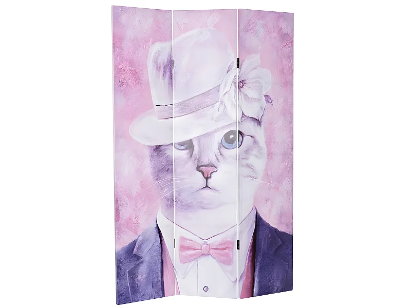 Paravent 2 faces de 3 pans en pin et toile coloris rose motif chat - Longueur 120 x Hauteur 180 x Profondeur 2 cm