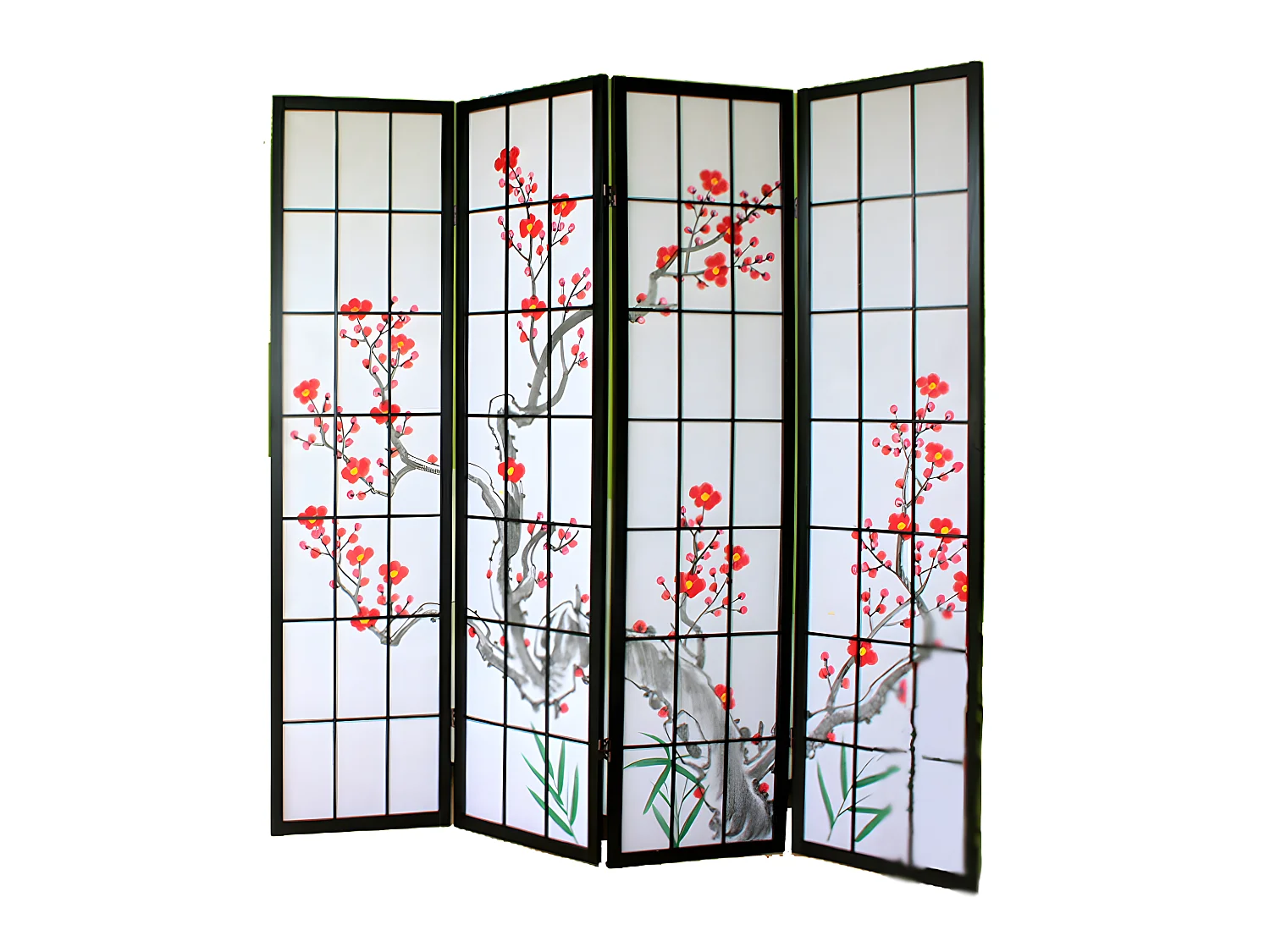 Paravent japonais fleur de cerisier en bois noir de 4 pans, L176 x H175 x P2 cm