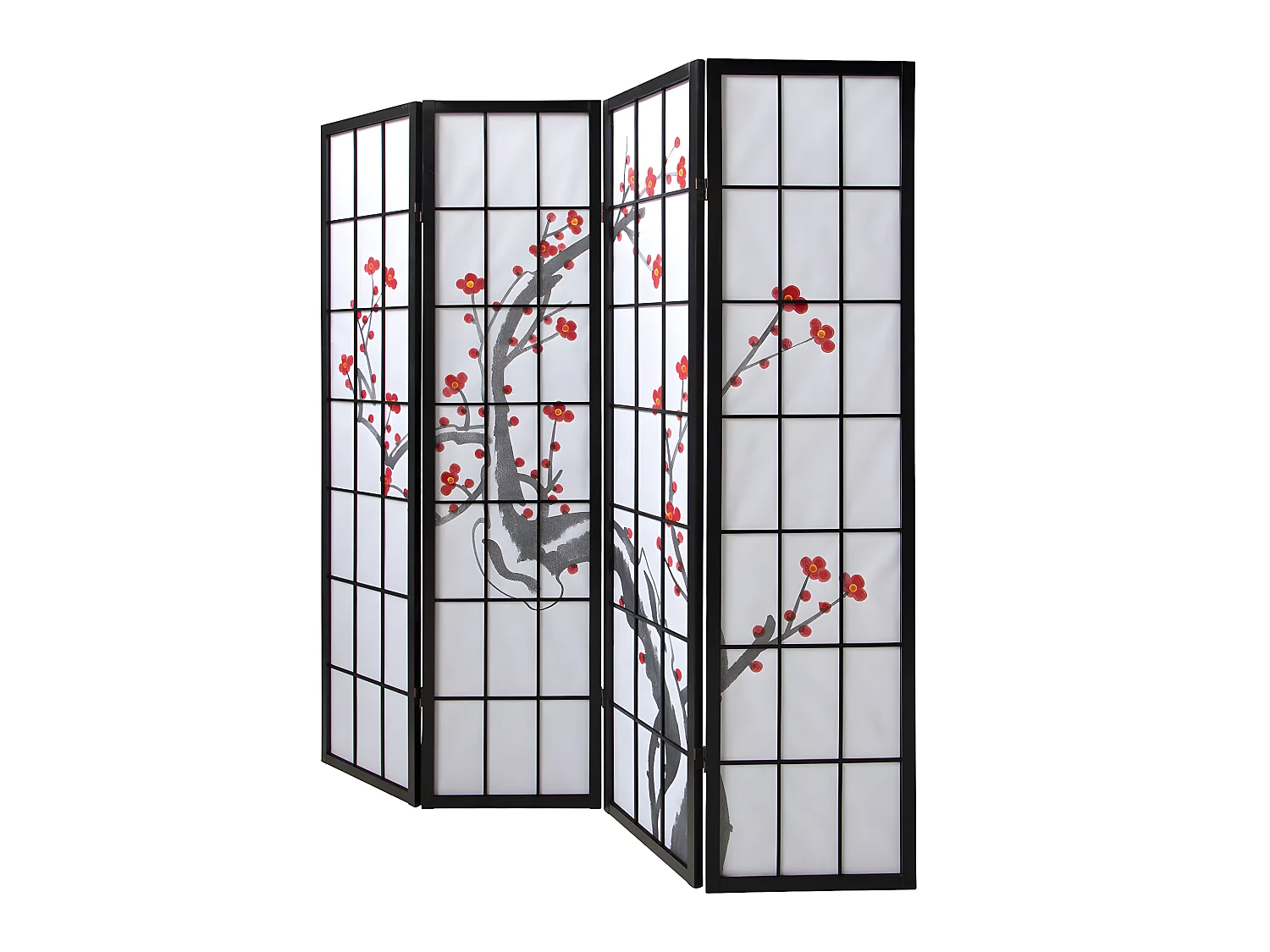 Paravent japonais fleur de cerisier en bois noir de 4 pans, L176 x H175 x P2 cm