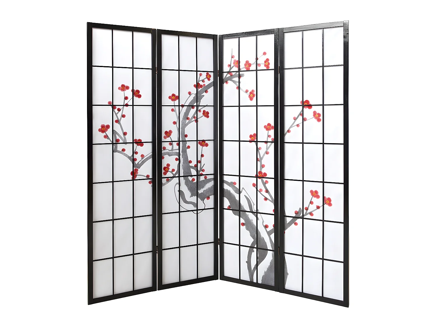 Paravent japonais fleur de cerisier en bois noir de 4 pans, L176 x H175 x P2 cm