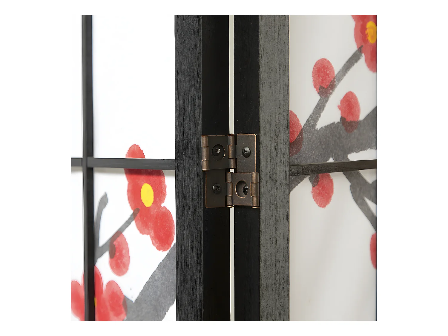Paravent japonais fleur de cerisier en bois noir de 4 pans, L176 x H175 x P2 cm