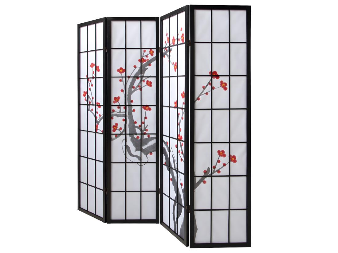 vente unique Paravent japonais fleur de cerisier en bois noir de 4 pans L176 x H175 x P2 cm