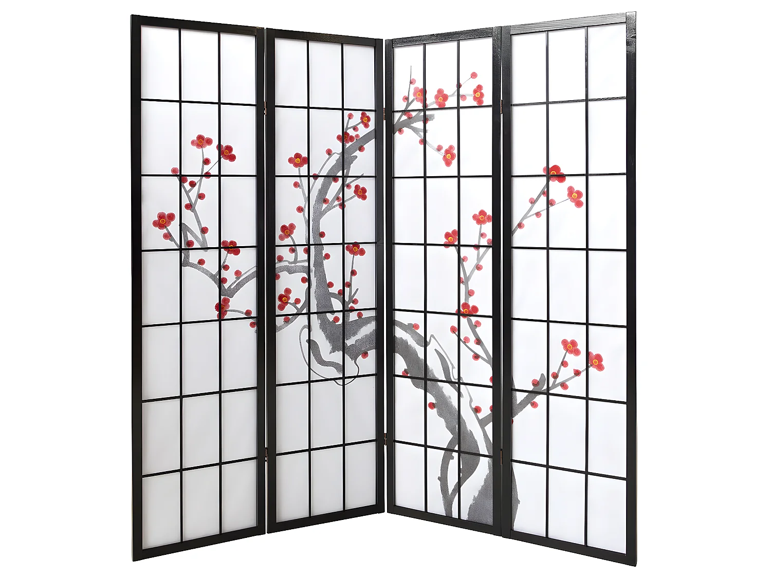 Paravent japonais fleur de cerisier en bois noir de 4 pans, L176 x H175 x P2 cm
