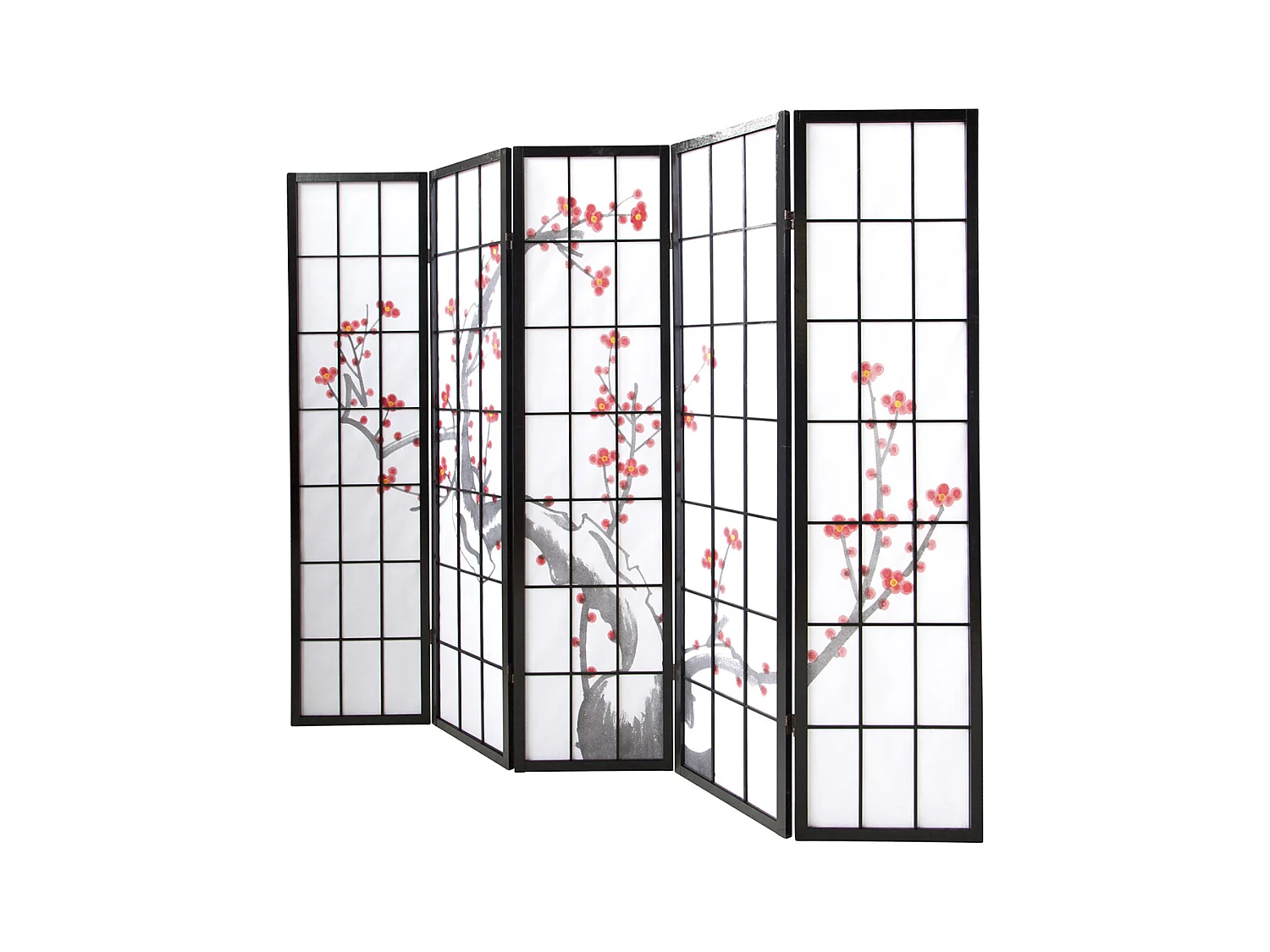 Paravent japonais fleur de cerisier en bois noir de 5 pans, L220 x H175 x P2 cm