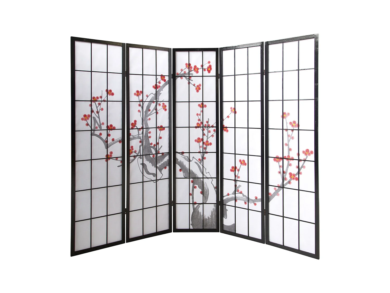 Paravent japonais fleur de cerisier en bois noir de 5 pans, L220 x H175 x P2 cm
