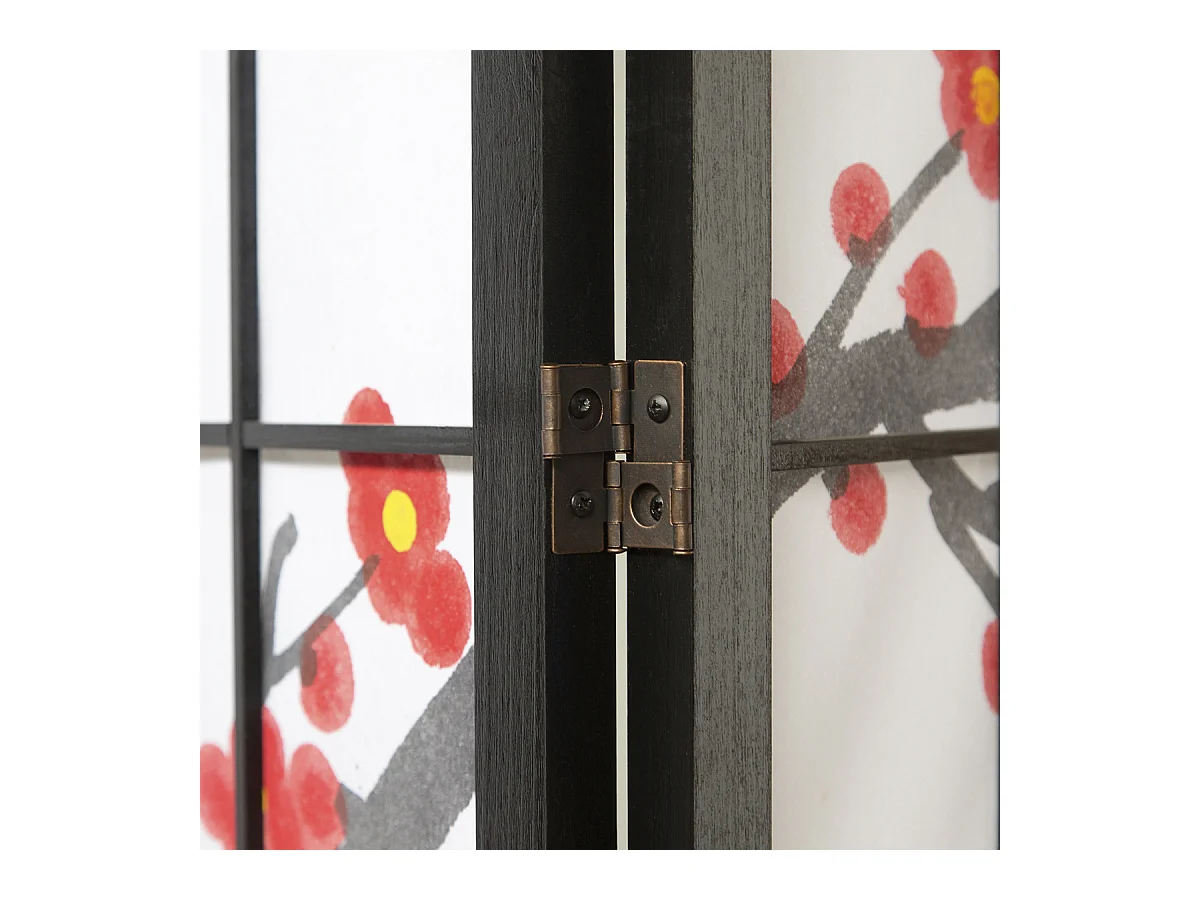 Paravent japonais fleur de cerisier en bois noir de 5 pans, L220 x H175 x P2 cm