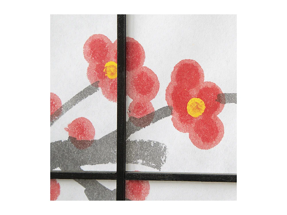 Paravent japonais fleur de cerisier en bois noir de 5 pans, L220 x H175 x P2 cm