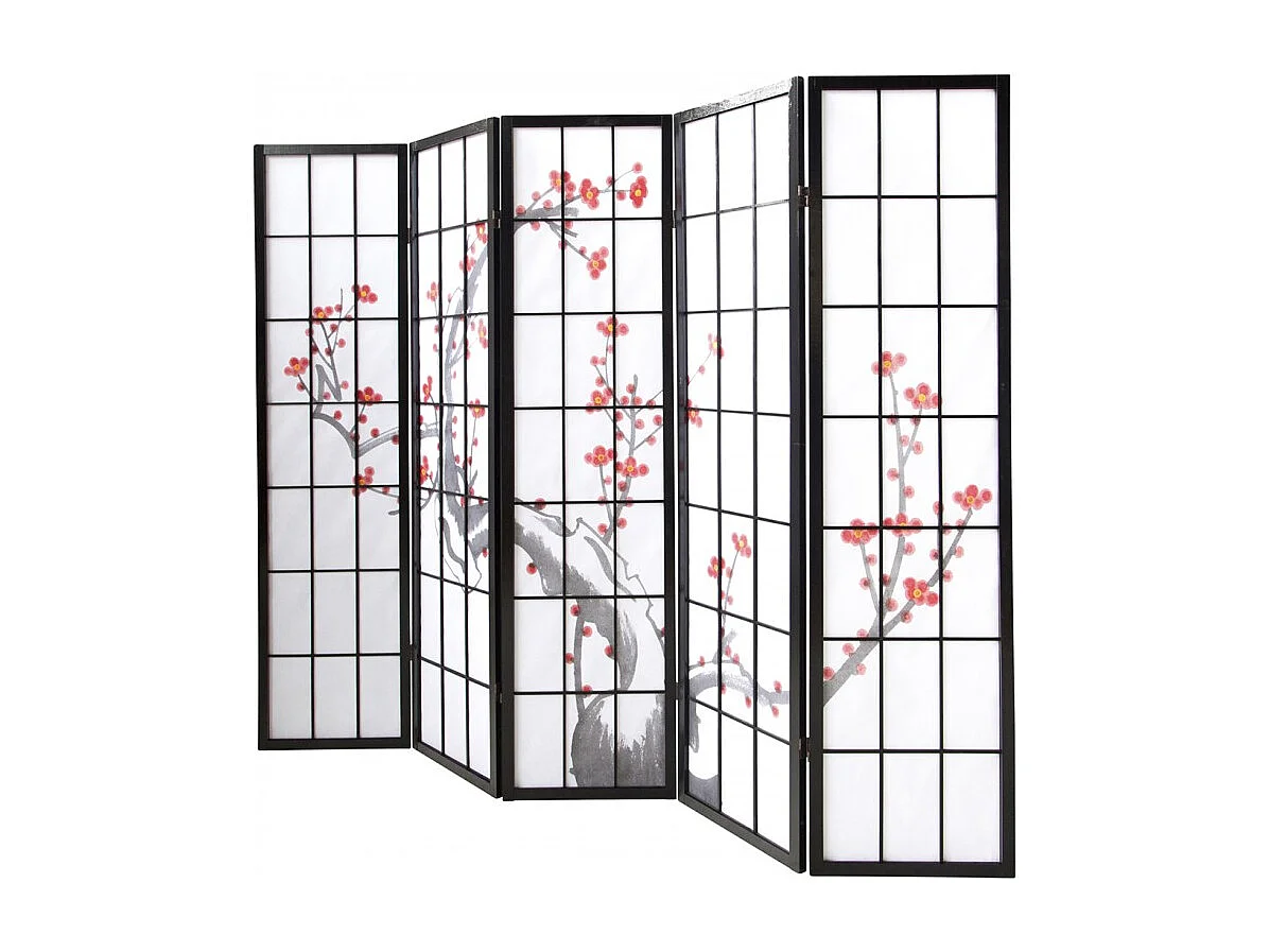 Paravent japonais fleur de cerisier en bois noir de 5 pans, L220 x H175 x P2 cm