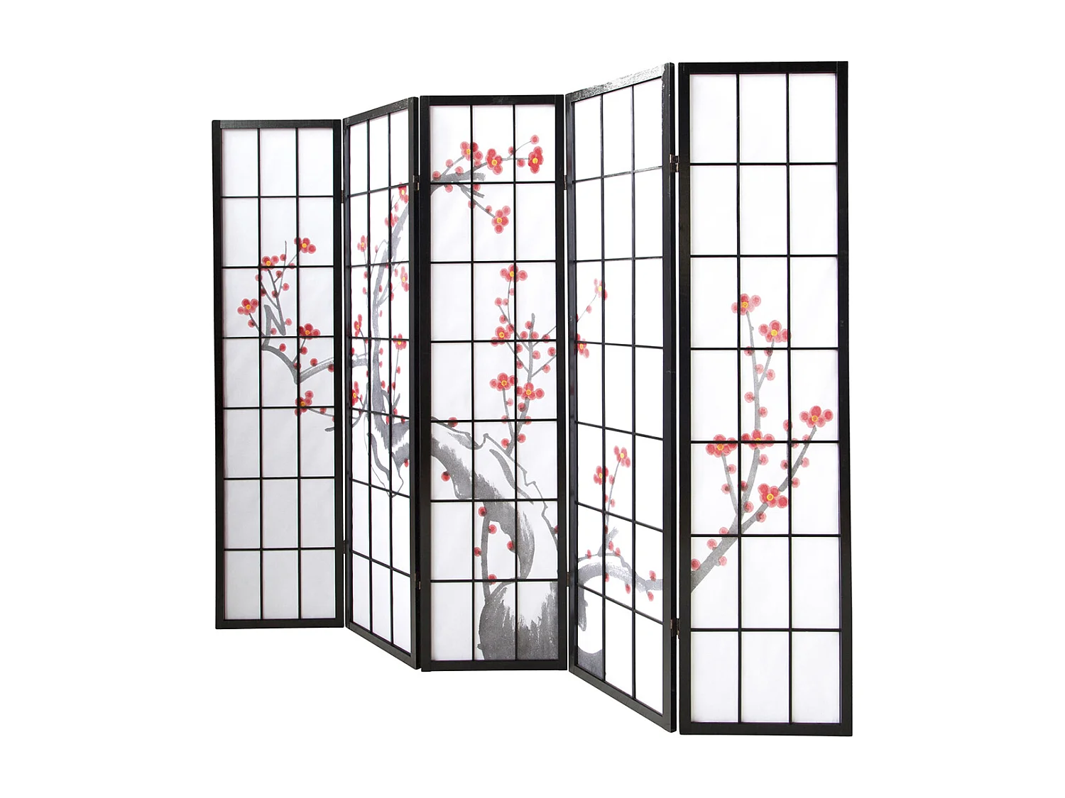 Paravent japonais fleur de cerisier en bois noir de 5 pans, L220 x H175 x P2 cm