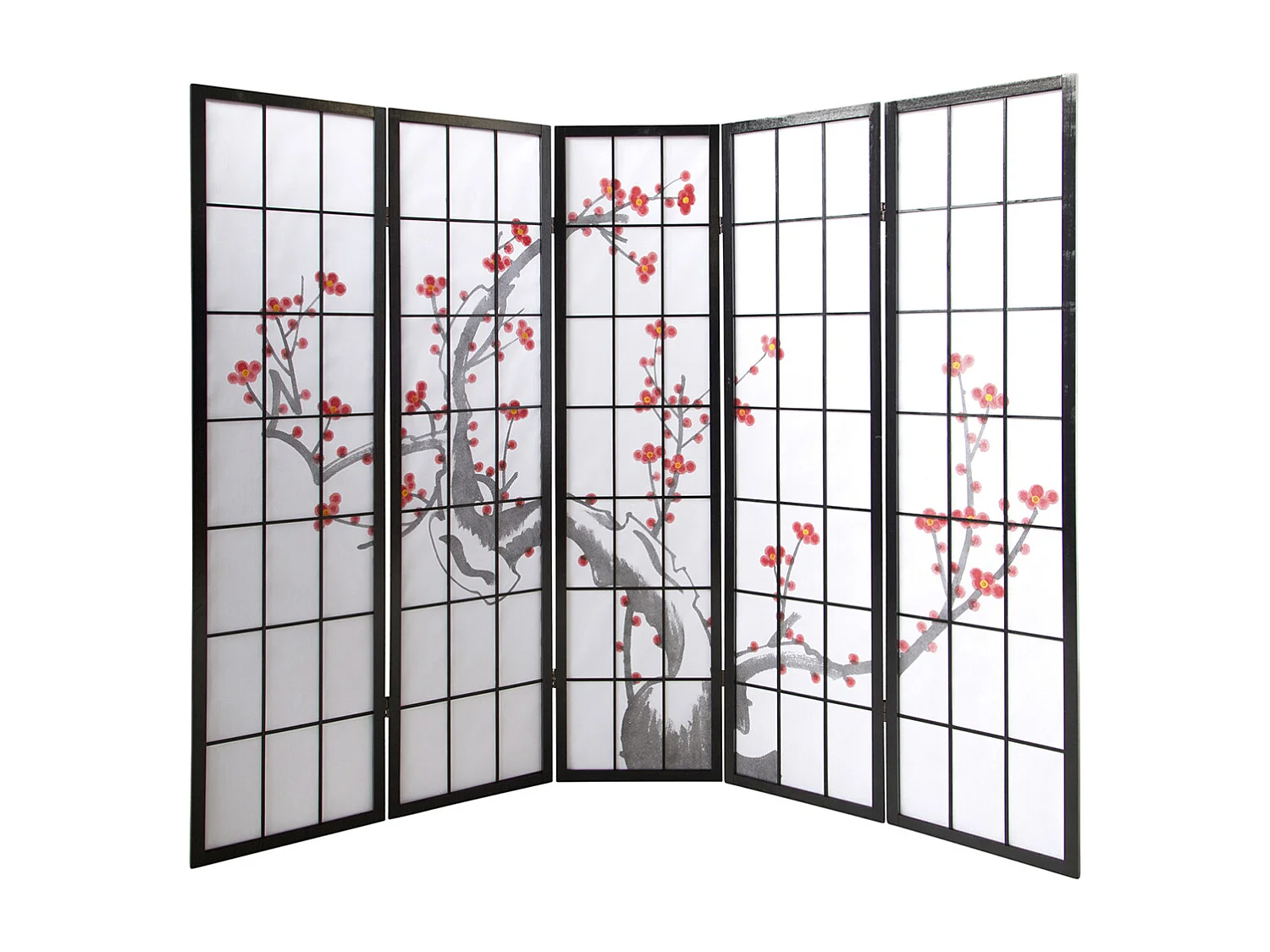 Paravent japonais fleur de cerisier en bois noir de 5 pans, L220 x H175 x P2 cm