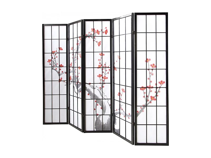 Paravent japonais fleur de cerisier en bois noir de 5 pans, L220 x H175 x P2 cm