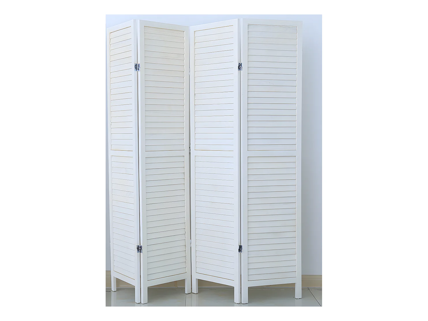 Paravent persienne de 4 pans en bois, coloris blanc lasuré Effet brocante- Dim : H170 x L160cm