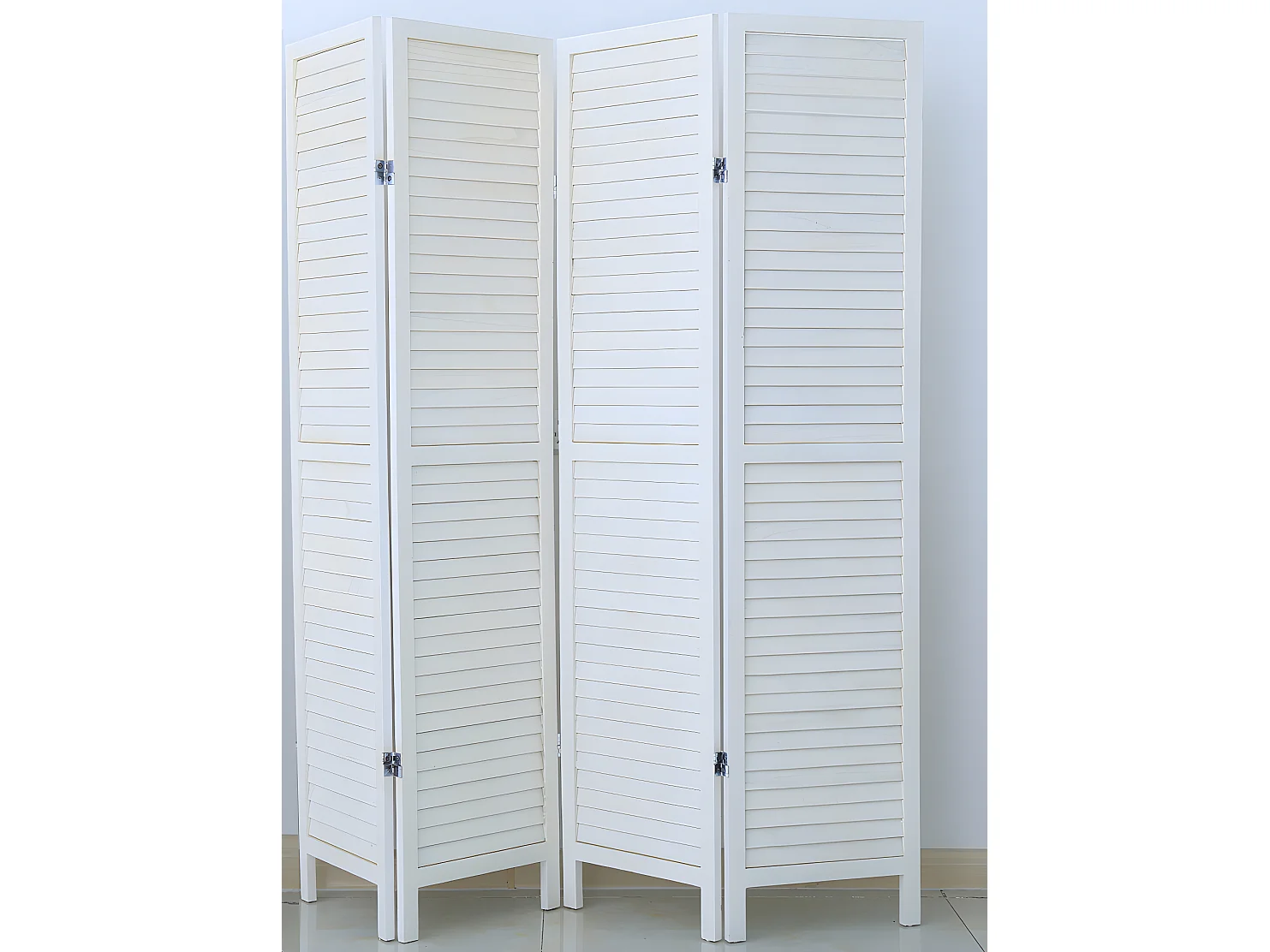 Paravent persienne de 4 pans en bois, coloris blanc lasuré Effet brocante- Dim : H170 x L160cm