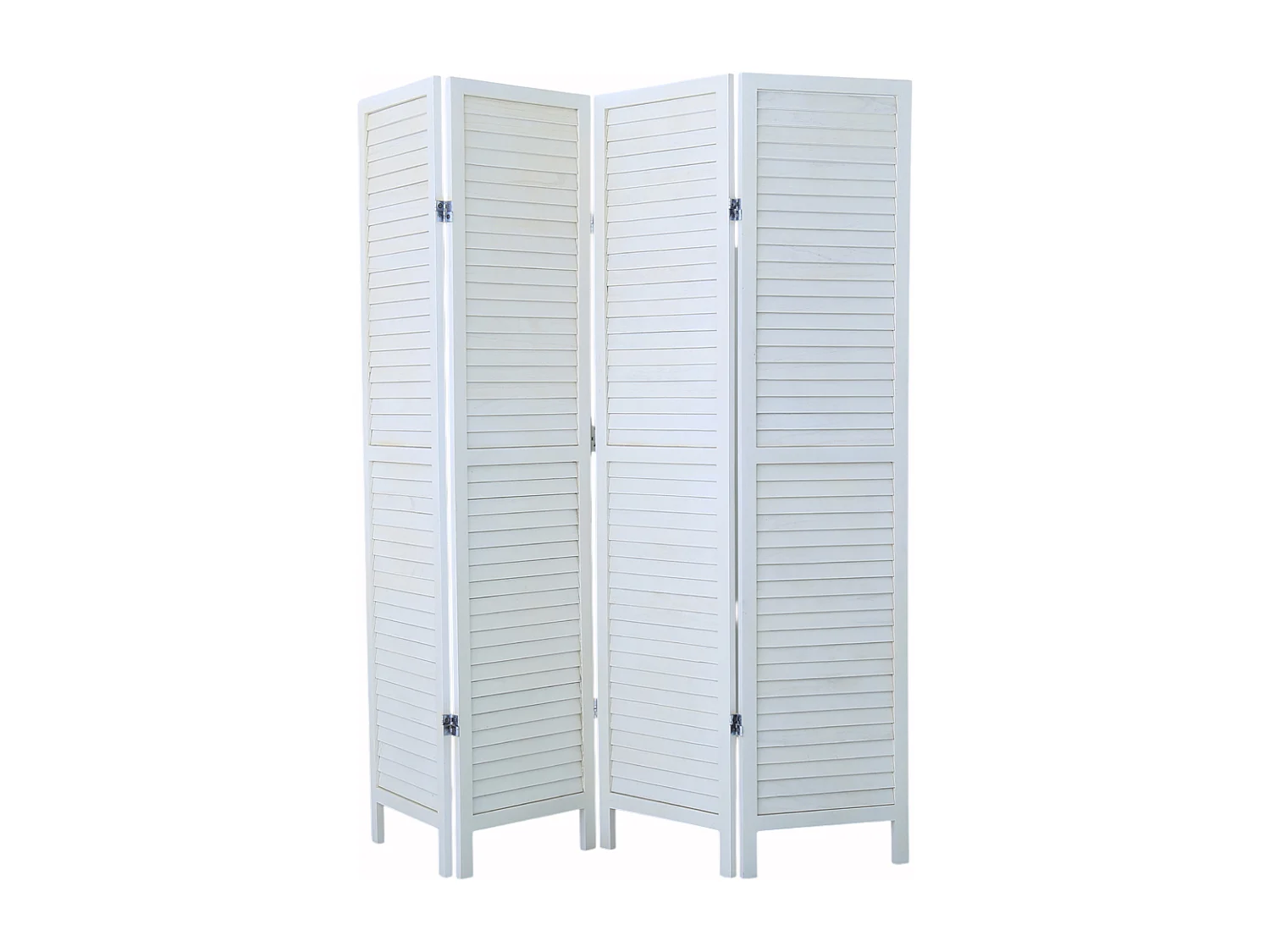 Paravent persienne de 4 pans en bois, coloris blanc lasuré Effet brocante- Dim : H170 x L160cm