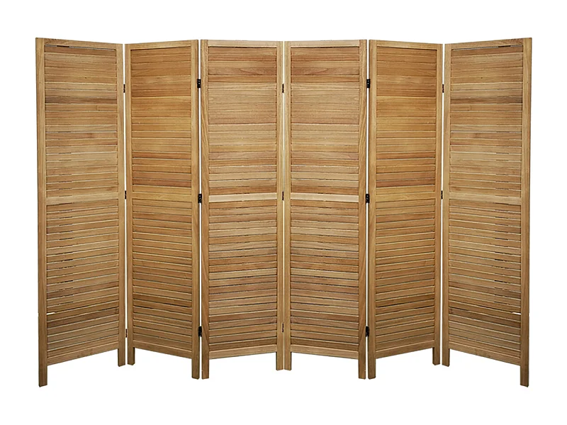 Paravent persienne en bois de 6 pans, coloris brun clair - H170 x L240cm