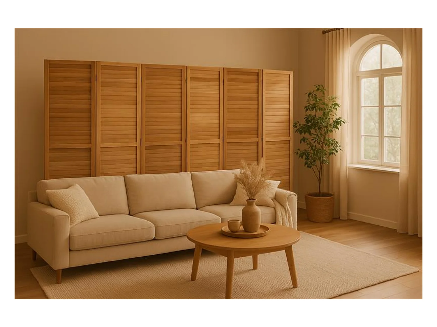 Paravent persienne en bois de 6 pans, coloris brun clair - H170 x L240cm