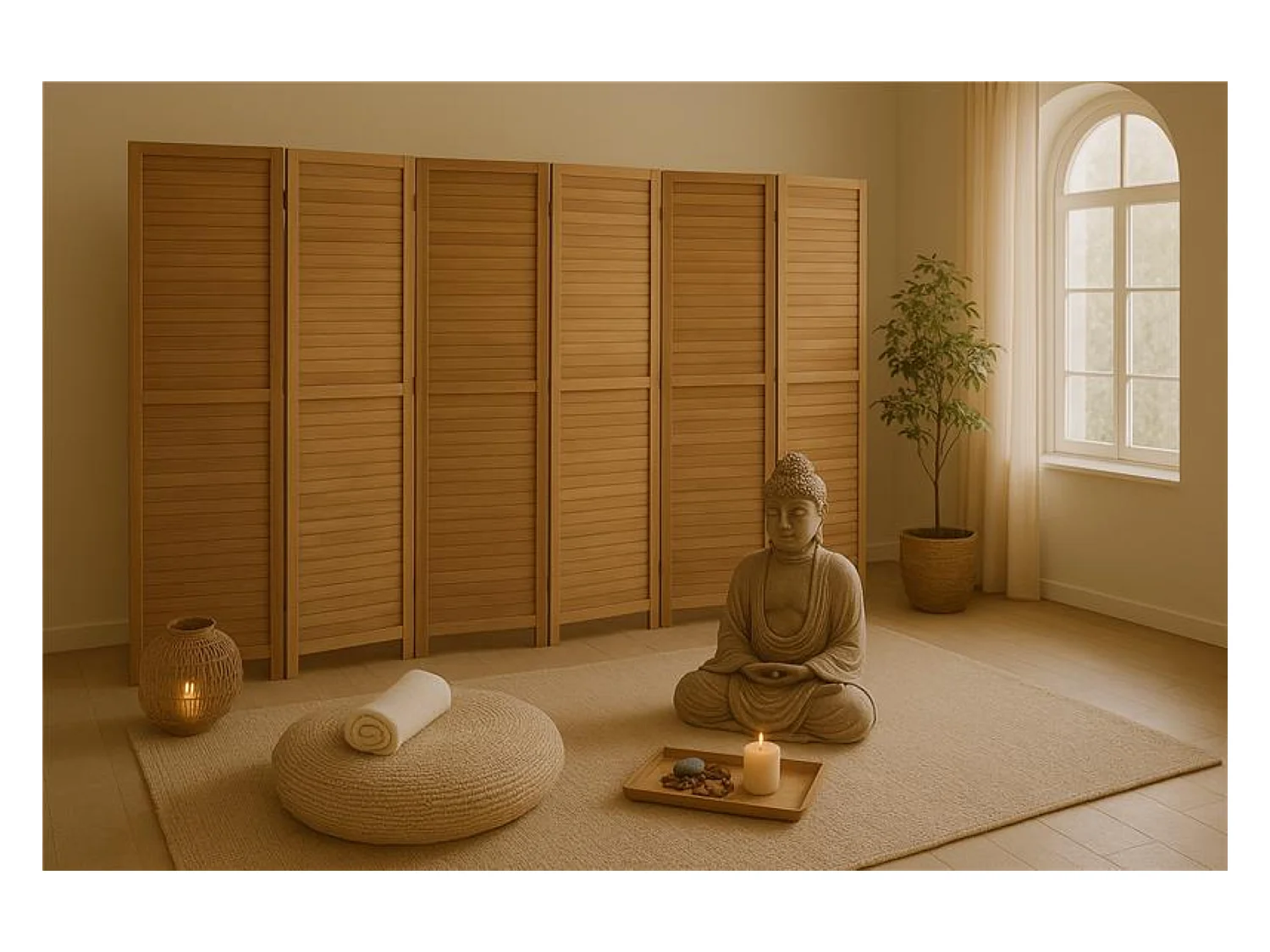 Paravent persienne en bois de 6 pans, coloris brun clair - H170 x L240cm