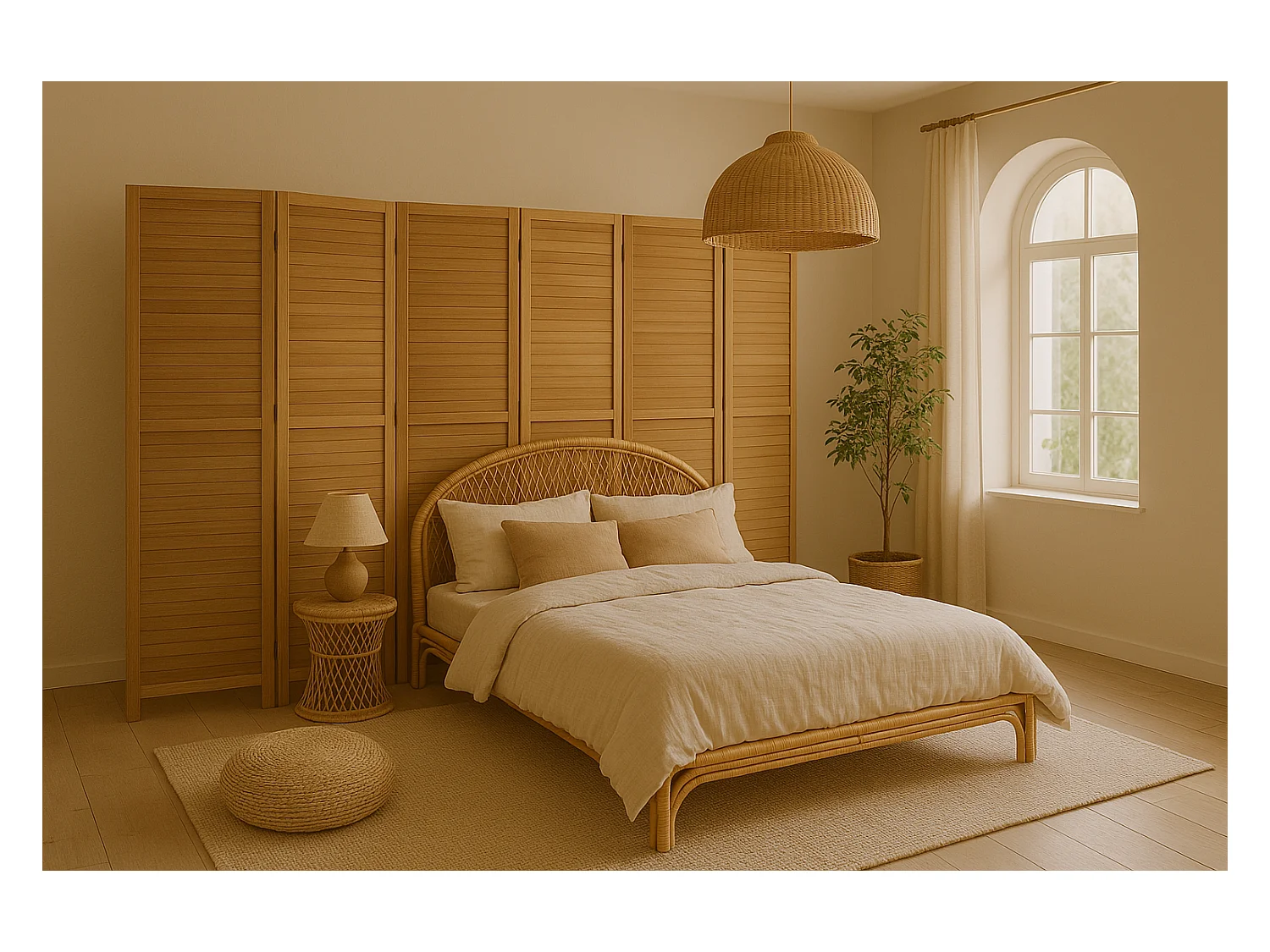 Paravent persienne en bois de 6 pans, coloris brun clair - H170 x L240cm