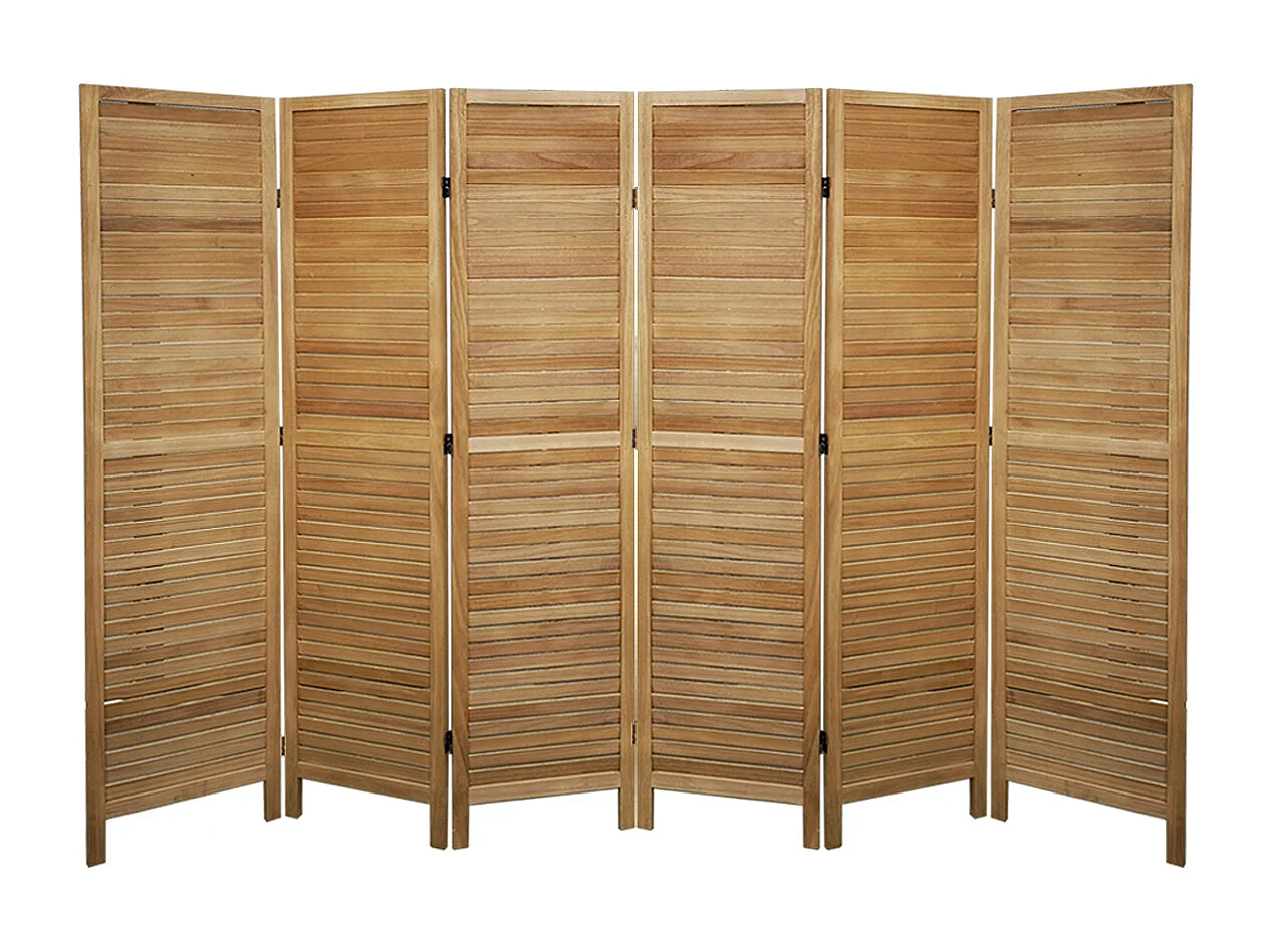 Paravent persienne en bois de 6 pans, coloris brun clair - H170 x L240cm