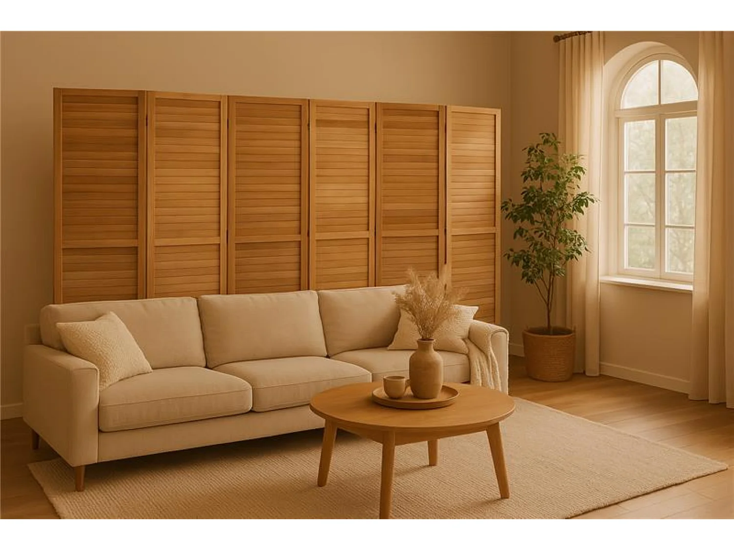 Paravent persienne en bois de 6 pans, coloris brun clair - H170 x L240cm