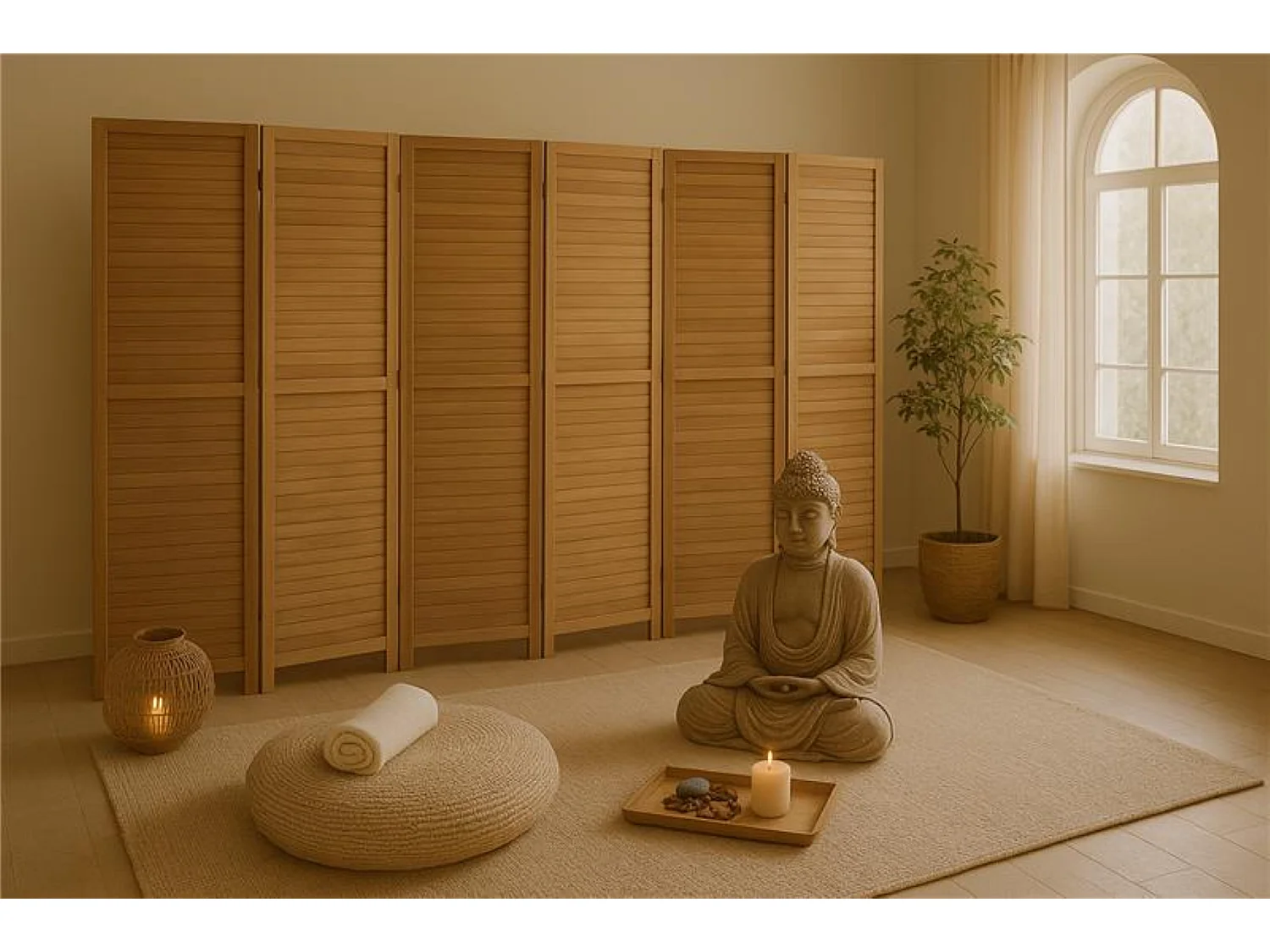 Paravent persienne en bois de 6 pans, coloris brun clair - H170 x L240cm