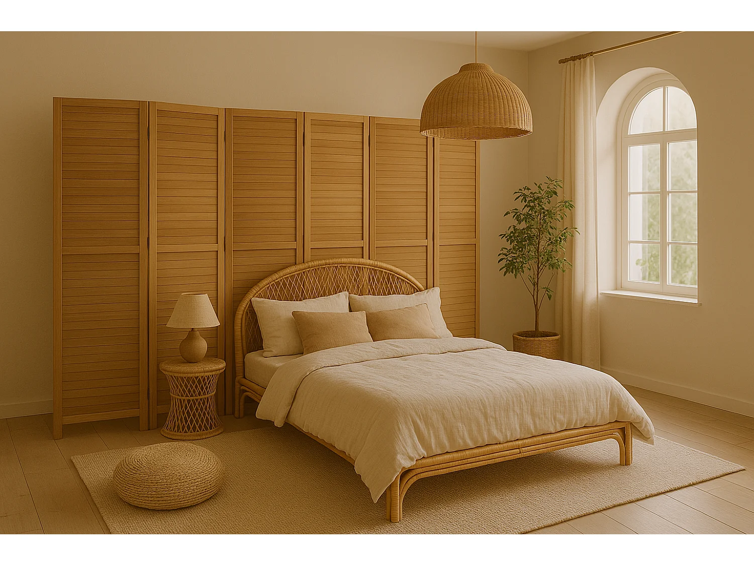 Paravent persienne en bois de 6 pans, coloris brun clair - H170 x L240cm