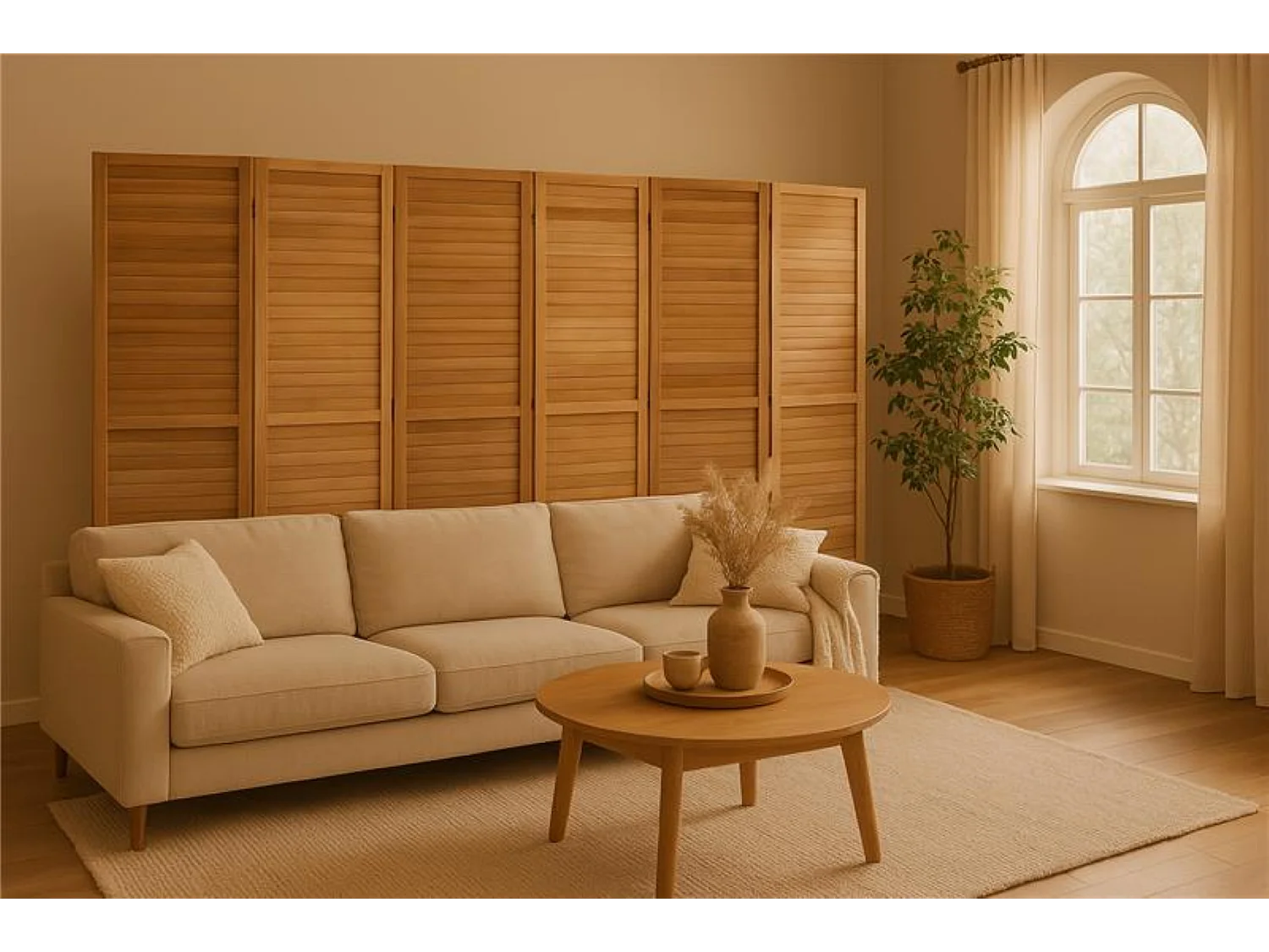 Paravent persienne en bois de 6 pans, coloris brun clair - H170 x L240cm