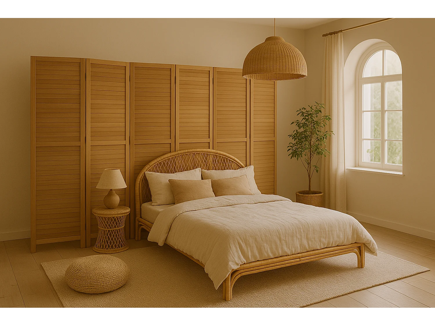 Paravent persienne en bois de 6 pans, coloris brun clair - H170 x L240cm