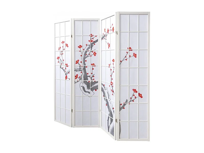 Paravent japonais fleur de cerisier en bois blanc de 4 pans, L176 x H175 x P2 cm