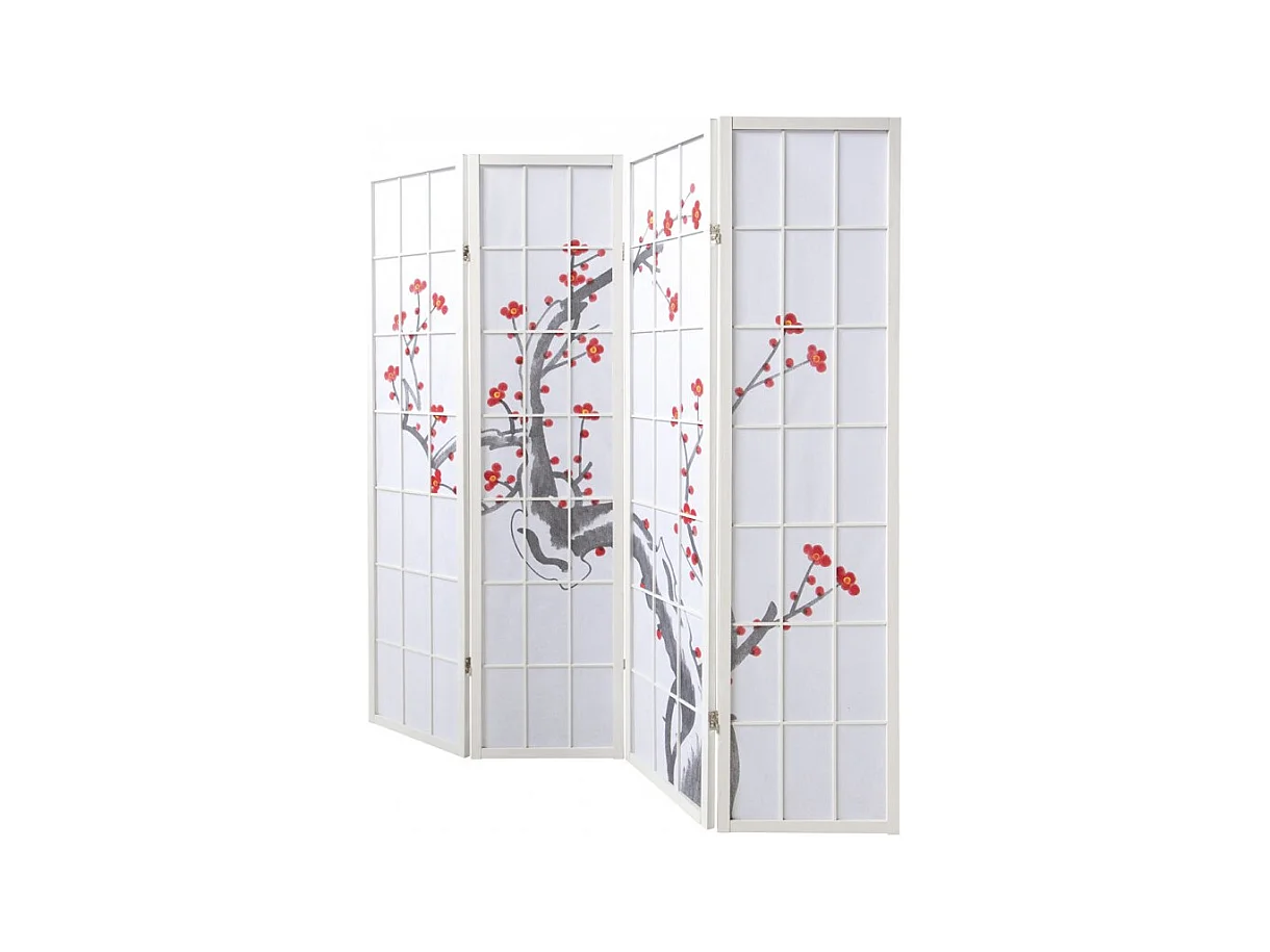 Paravent japonais fleur de cerisier en bois blanc de 4 pans, L176 x H175 x P2 cm