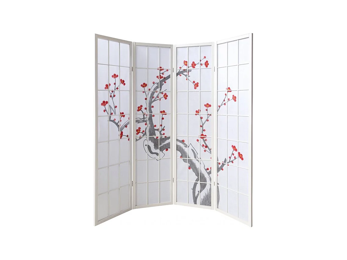 Paravent japonais fleur de cerisier en bois blanc de 4 pans, L176 x H175 x P2 cm