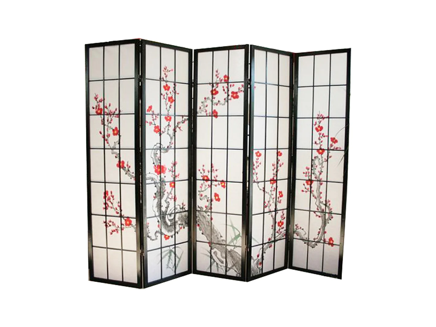 Paravent japonais fleur de cerisier en bois blanc de 4 pans, L176 x H175 x P2 cm