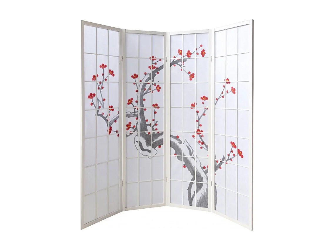 Paravent japonais fleur de cerisier en bois blanc de 4 pans, L176 x H175 x P2 cm