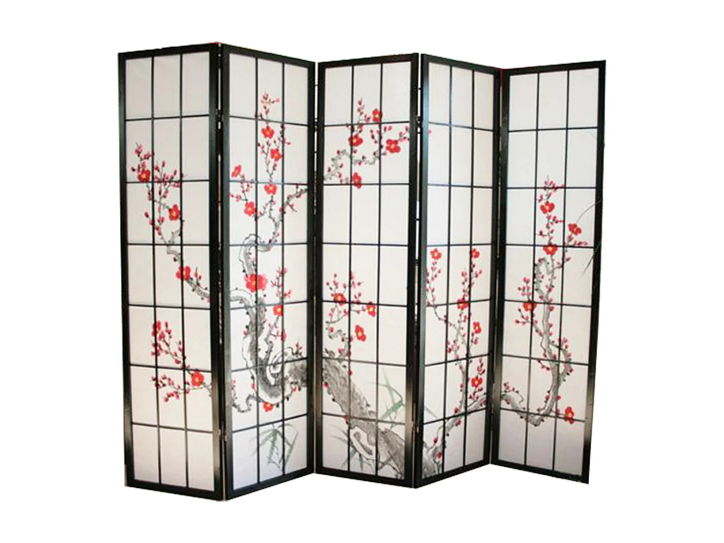 Paravent japonais fleur de cerisier en bois blanc de 4 pans, L176 x H175 x P2 cm
