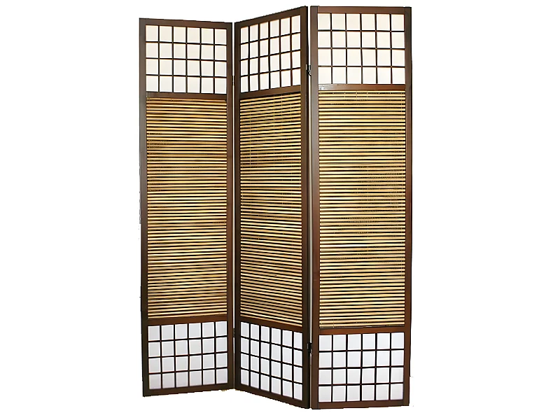 Paravent/séparateur de pièce japonais avec bambou en bois de 3 Panneaux coloris marron