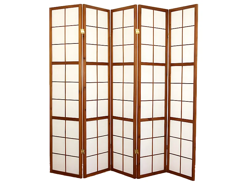 Paravent japonais Shoji en bois brun de 5 pans L220 x H175 x P2 cm