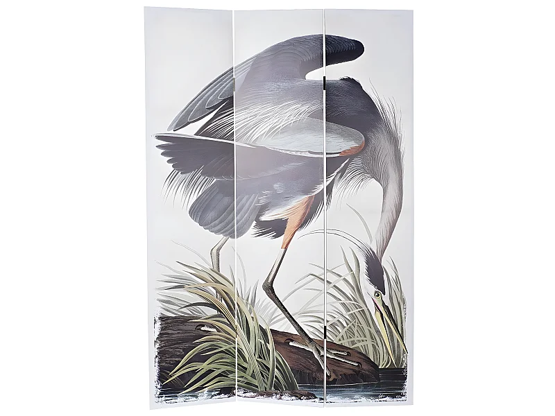 Paravent 2 faces de 3 pans en pin et toile motif cigogne - Longueur 120 x Hauteur 180 x Profondeur 2 cm