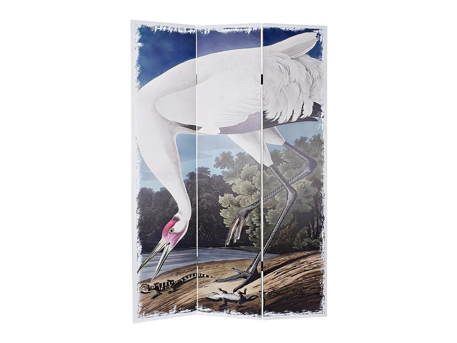 Paravent 2 faces de 3 pans en pin et toile motif cigogne - Longueur 120 x Hauteur 180 x Profondeur 2 cm