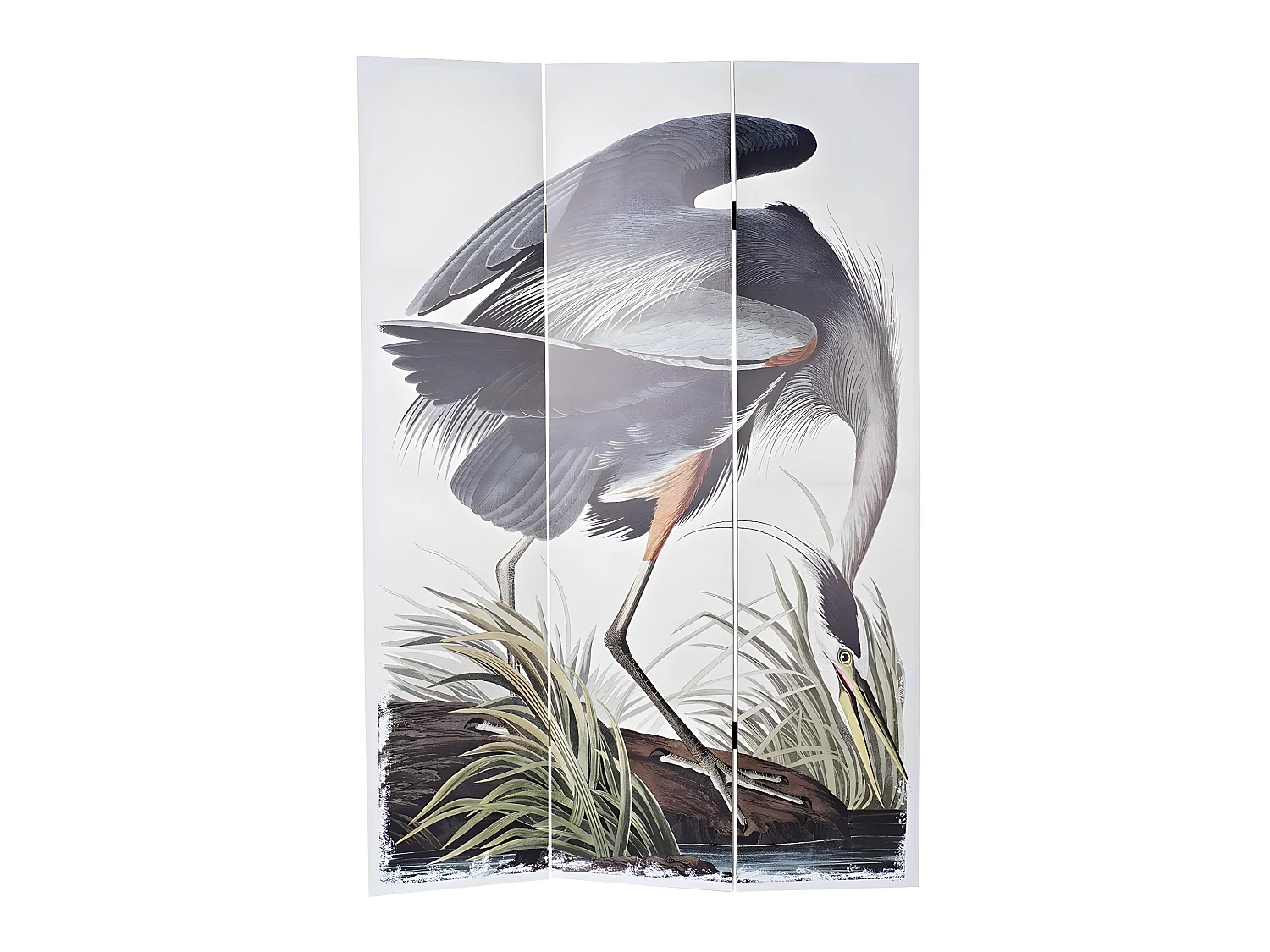 Paravent 2 faces de 3 pans en pin et toile motif cigogne - Longueur 120 x Hauteur 180 x Profondeur 2 cm