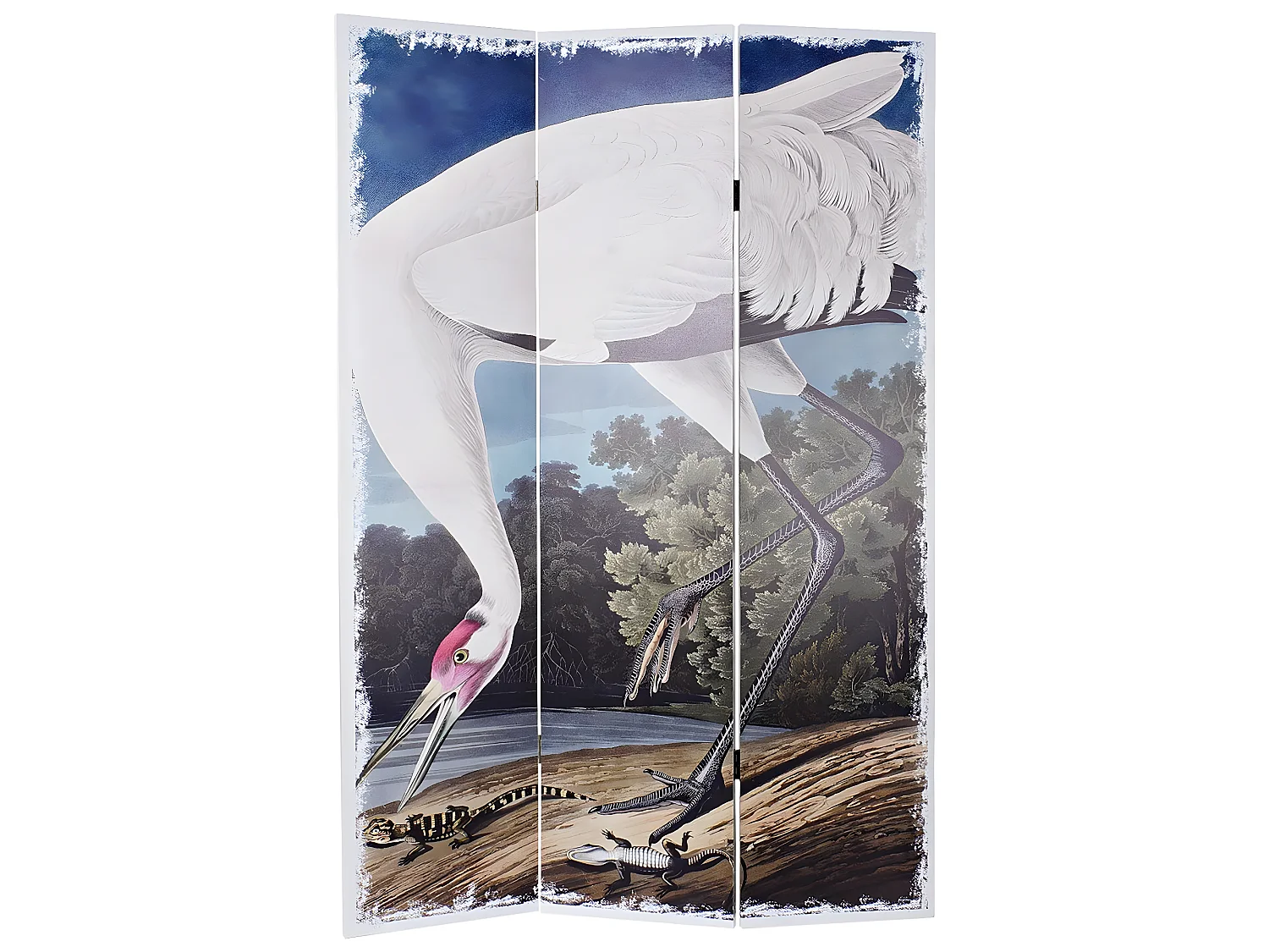 Paravent 2 faces de 3 pans en pin et toile motif cigogne - Longueur 120 x Hauteur 180 x Profondeur 2 cm