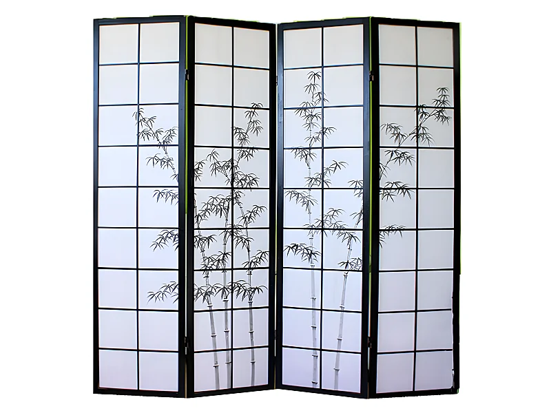 Paravent japonais en bois noir dessin bambou de 4 pans