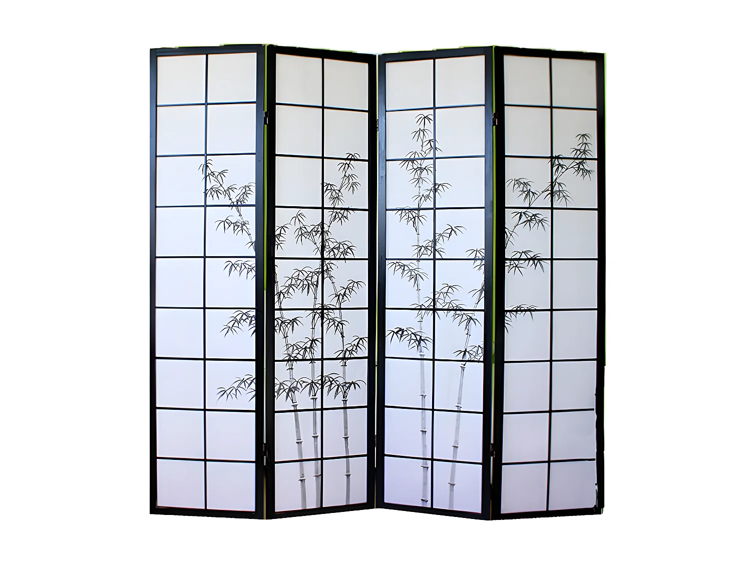 Paravent japonais en bois noir dessin bambou de 4 pans
