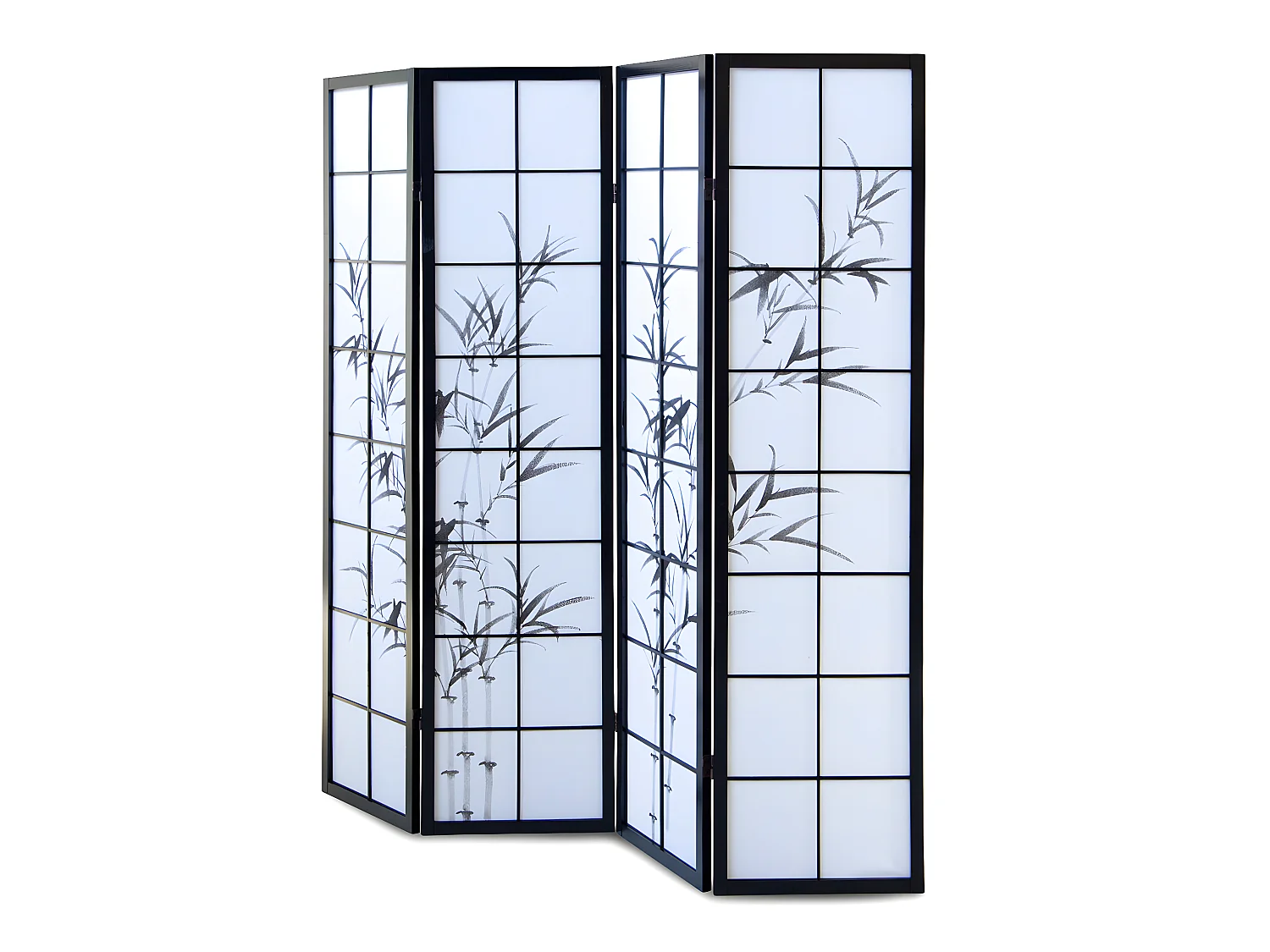 Paravent japonais en bois noir dessin bambou de 4 pans