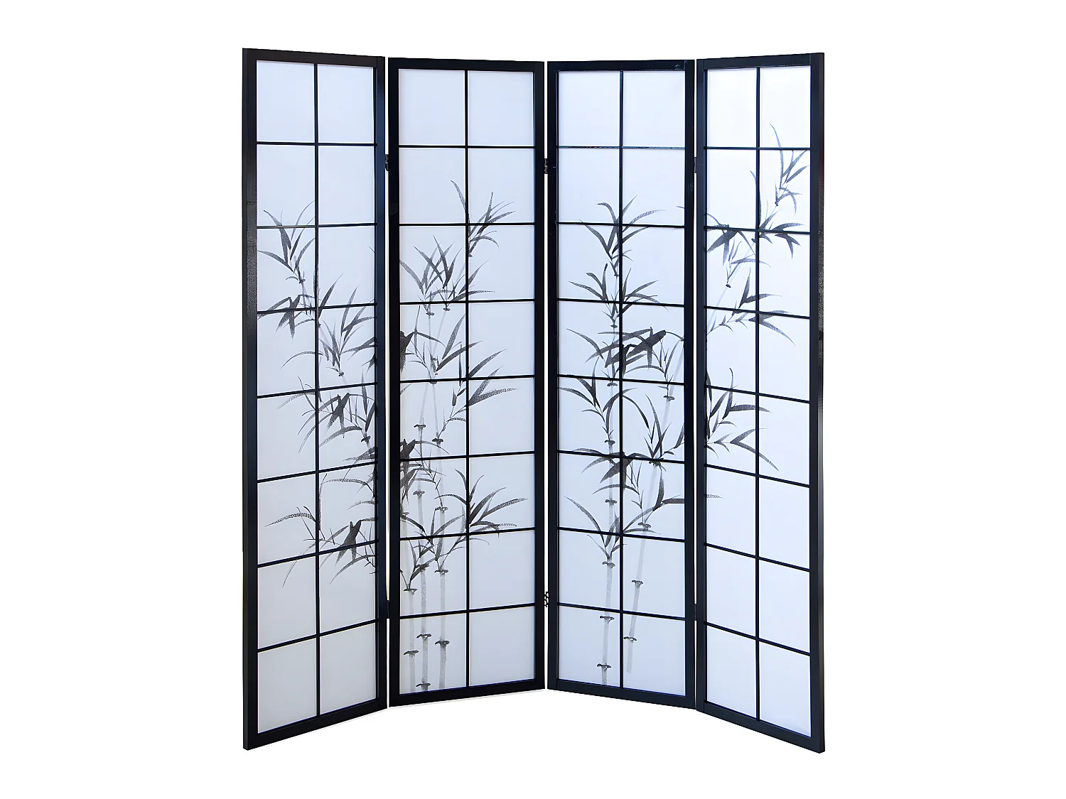 Paravent japonais en bois noir dessin bambou de 4 pans