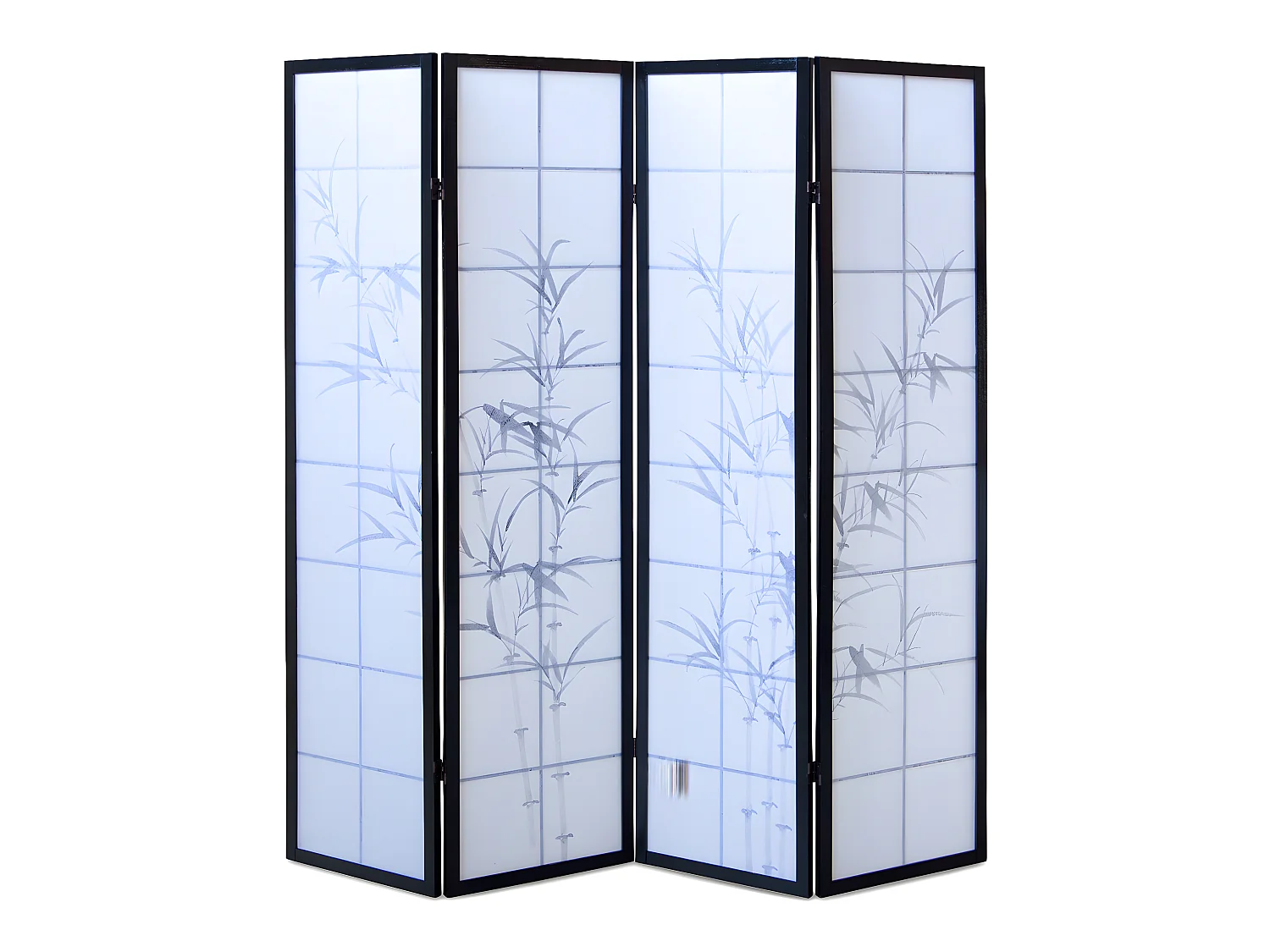 Paravent japonais en bois noir dessin bambou de 4 pans